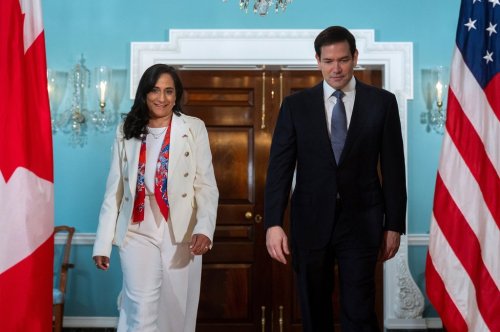 U.S. Secretary of State Marco Rubio, right, meets with Foreign Affairs Minister Anita Anand of Canada at the State Department in Washington, Aug. 21, 2025. (AP Photo/Cliff Owen)