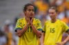 FILE - Australia's Mary Fowler, left, reacts during a women's Group B soccer match between Australia and the United States, at the Marseille Stadium, at the 2024 Summer Olympics, July 31, 2024, in Marseille, France. (AP Photo/Daniel Cole, file)