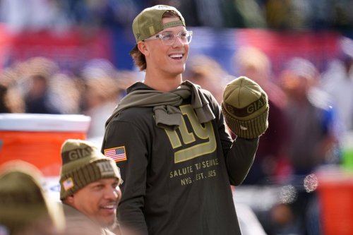 New York Giants' Jaxson Dart is seen before an NFL football game against the Green Bay Packers Sunday, Nov. 16, 2025, in East Rutherford, N.J. (AP Photo/Seth Wenig)