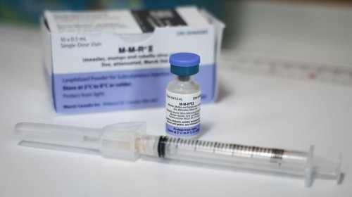 A vial of measles, mumps and rubella vaccine is pictured at the Taber Community Health Centre in Taber, Alta., Monday, July 28, 2025. THE CANADIAN PRESS/Jeff McIntosh