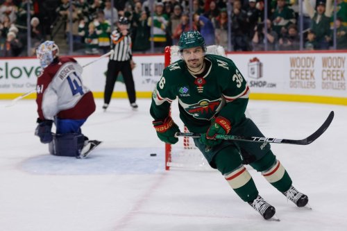 Minnesota Wild right wing Mats Zuccarello (36) looks on after scoring on Colorado Avalanche goaltender Scott Wedgewood (41) during the shootout period of an NHL hockey game, Friday, Nov. 28, 2025, in St. Paul, Minn. (AP Photo/Bailey Hillesheim)