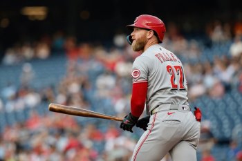 FILE - Cincinnati Reds' Jake Fraley (27) fouls off a ball hit against Washington Nationals pitcher Brad Lord during the second inning of a baseball game, in Washington, July 22, 2025. (AP Photo/Terrance Williams, File)