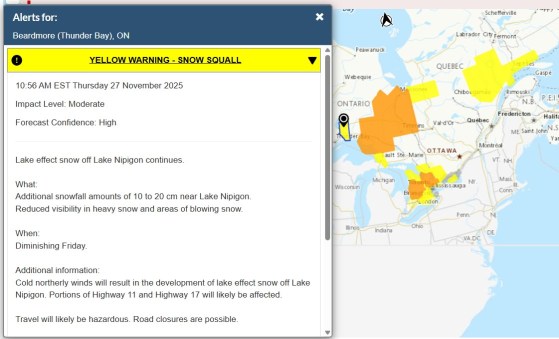 Environment Canada's weather alert page shows yellow and orange alert areas and the text description of a yellow warning area on Thursday. (Environment Canada)