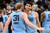 Memphis Grizzlies center Jock Landale (31) and forward Santi Aldama celebrate after defeating the San Antonio Spurs in an NBA basketball game Tuesday, Jan. 6, 2026, in Memphis, Tenn. (AP Photo/Brandon Dill)
