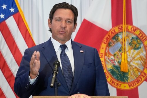 FILE - Florida Gov. Ron DeSantis speaks during a news conference, Aug. 12, 2025, in Tampa, Fla. (AP Photo/Chris O'Meara, File)