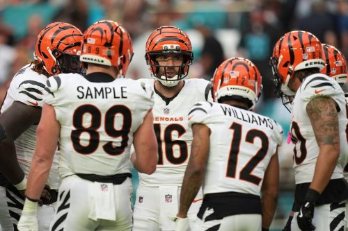 Cincinnati Bengals quarterback Joe Flacco (16) calls a play during the second half of an NFL football game against the Miami Dolphins, Sunday, Dec. 21, 2025, in Miami Gardens, Fla. (AP Photo/Rebecca Blackwell)