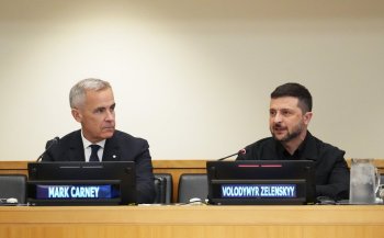 Prime Minister Mark Carney, left, and Ukrainian President Volodymyr Zelenskyy take part in a meeting during the United Nations General Assembly in New York on Tuesday, Sept. 23, 2025.  THE CANADIAN PRESS/Sean Kilpatrick