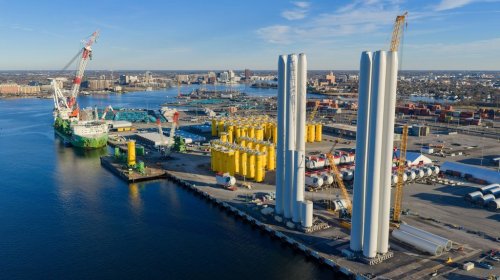 FILE - Wind turbine bases, generators and blades sit at The Portsmouth Marine terminal that is the staging area for Dominion Energy Virginia, which is developing Coastal Virginia Offshore Wind, Dec. 22, 2025, in Portsmouth, Va. (AP Photo/Steve Helber, File)