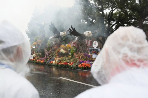 Rain comes down on a float at the 137th Rose Parade Thursday, Jan. 1, 2026, in Pasadena, Calif. (AP Photo/Caroline Brehman)