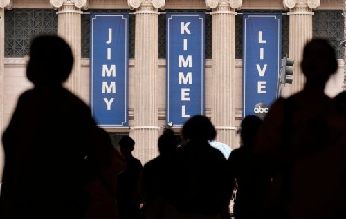 FILE - People walk by the Jimmy Kimmel Live studio on Hollywood Blvd., on Sept. 17, 2025, in Los Angeles. (AP Photo/Chris Pizzello)
