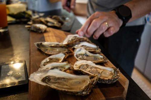 Shucked Malpeque oysters are seen on a serving board in Summerside, P.E.I., Sunday, Jul 20, 2025. THE CANADIAN PRESS/Giordano Ciampini