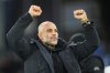 Manchester City's head coach Pep Guardiola greets supporters after the English Premier League soccer match between Crystal Palace and Manchester City in London, Sunday, Dec.14, 2025. (AP Photo/Kin Cheung)