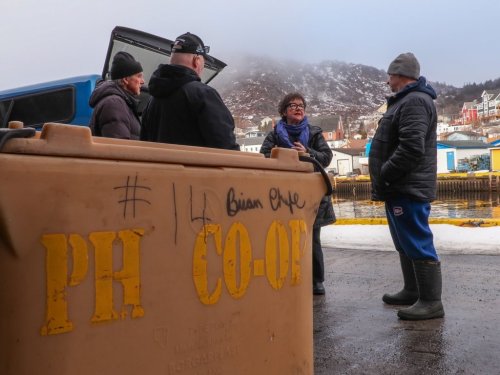 Billy Lee, Bernard Martin and Doug Howlett are shown speaking with Gerry Rogers before loading a container of donated cod into Rogers's vehicle, in Petty Harbour, N.L., Tuesday, Dec. 30, 2025. THE CANADIAN PRESS/Elling Lien