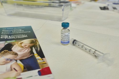 A dose of the measles, mumps, and rubella (MMR) vaccination awaits the next patient during a vaccine clinic at Southwestern Public Health in St. Thomas, Ont. on Tuesday, March 4, 2025.THE CANADIAN PRESS/ Geoff Robins