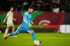 Algeria's goalkeeper Luca Zidane kicks the ball during the Africa Cup of Nations group E soccer match between Algeria and Burkina Faso in Rabat, Morocco, Sunday, Dec. 28, 2025. (AP Photo/Mosa'ab Elshamy)