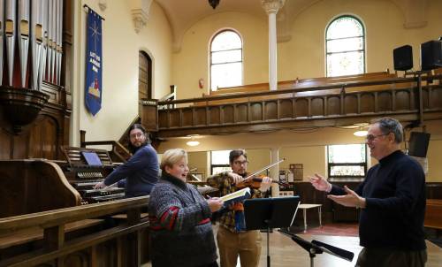 KEN MACDONALD
                                Michael Cutler (from left), Geneva Halverson, Trevor Kirczenow and Ken MacDonald rehearse for Messiah Queered.