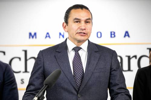 MIKAELA MACKENZIE / FREE PRESS
                                Premier Wab Kinew speaks to the media about school safety on Monday after a convicted sex offender was charged with assault and forcible confinement involving a student at Darwin School in Winnipeg.