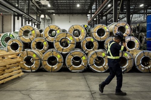 Stainless steel coils wait to be pressed into sheets in Montreal on Thursday, Sept. 18, 2025. THE CANADIAN PRESS/Christopher Katsarov