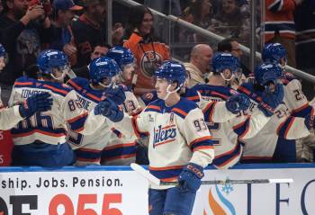 JANSEN FRANSON / THE CANADIAN PRESS
                                Edmonton Oilers’ Ryan Nugent-Hopkins (93) celebrates a goal against the Winnipeg Jets during first period Saturday in Edmonton.