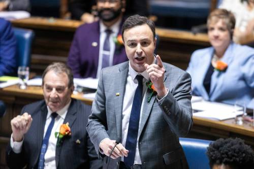 MIKAELA MACKENZIE / FREE PRESS
                                Finance minister Adrien Sala speaks during question period in the legislative chamber on budget day at the Manitoba Legislative Building on March 20, 2025.