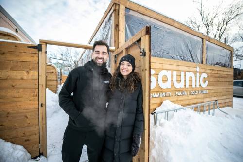 MIKAELA MACKENZIE / FREE PRESS Kyle Silva (left) and Dani Boily, founders of Saunic, on Monday, Dec. 22, 2025. The outdoor sauna and cold plunge business is preparing to open a second location Ѡan indoor location on Stafford Ѡin the spring. For Aaron Epp story. Free Press 2025