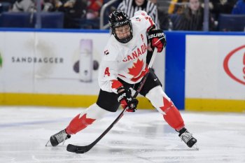 Canada defender Renata Fast shoots during the second period of a Rivalry Series women's hockey game against the United States, Saturday, Nov. 8, 2025, in Buffalo, N.Y. (AP Photo/Adrian Kraus)