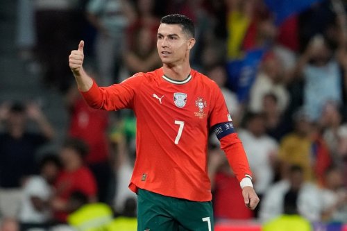 FILE - Portugal's Cristiano Ronaldo celebrates after scoring during a World Cup 2026 group F qualifying soccer match between Portugal and Hungary in Lisbon, Oct. 14, 2025. (AP Photo/Armando Franca, File)