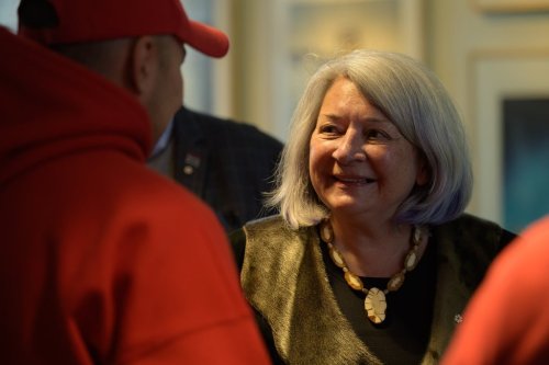 Governor General Mary Simon is greeted by members of the Canadian Rangers during a visit to the Nunavut territorial legislature in Iqaluit, Monday, April 1, 2024. THE CANADIAN PRESS/Dustin Patar
