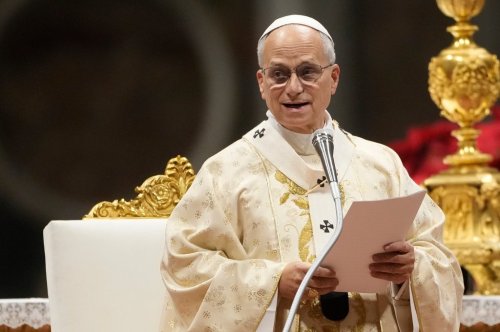 Pope Leo XIV presides over Christmas Day Mass at the St. Peter's Basilica at the Vatican, Thursday, Dec. 25, 2025. (AP Photo/Gregorio Borgia)