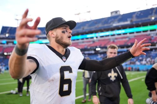 New Orleans Saints quarterback Tyler Shough (6) celebrates after an NFL football game against the Tennessee Titans, Sunday, Dec. 28, 2025, in Nashville, Tenn. (AP Photo/George Walker IV)