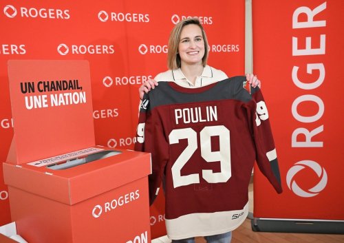 Montreal Victoire Captain Marie-Philip Poulin donates a jersey from her personal collection during the launch of the Great Canadian Jersey initiative in Montreal, Monday, Jan. 5, 2026. THE CANADIAN PRESS/Graham Hughes