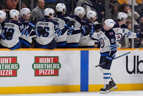 Cole Perfetti celebrates his goal with teammates during the second period of Saturday's game against the Nashville Predators. (George Walker IV / The Associated Press files)