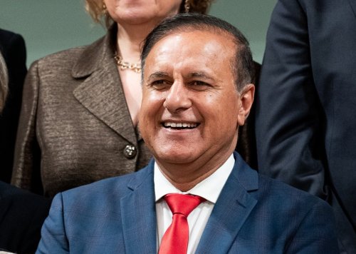 President of the Treasury Board Shafqat Ali participates in a family photo following a cabinet swearing-in ceremony at Rideau Hall in Ottawa on Tuesday, May 13, 2025. THE CANADIAN PRESS/Spencer Colby