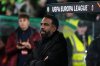 Celtic manager Wilfried Nancy watches before the Europa League soccer match between Celtic and Roma in Glasgow, Scotland, Thursday Dec. 11, 2025. (Andrew Milligan/PA via AP)