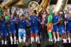 FILE - Chelsea's Reece James, center, lifts the trophy following the Club World Cup final soccer match between Chelsea and PSG at MetLife Stadium in East Rutherford, N.J., Sunday, July 13, 2025. (AP Photo/Jacquelyn Martin, file)