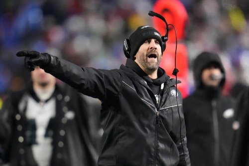 Philadelphia Eagles head coach Nick Sirianni reacts during the first half of an NFL football game against the Buffalo Bills, Sunday, Dec. 28, 2025, in Buffalo, N.Y. (AP Photo/Gene J. Puskar)