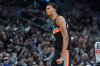 San Antonio Spurs forward Victor Wembanyama (1) reacts after a play during the second half of an NBA basketball game against the Cleveland Cavaliers in San Antonio, Monday, Dec. 29, 2025. (AP Photo/Eric Gay)