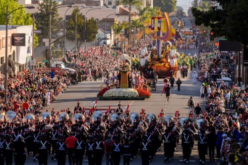 FILE - Marching bands perform along Colorado Blvd. in the 136th Rose Parade, in Pasadena, Calif., Jan. 1, 2025. (AP Photo/Damian Dovarganes, File)
