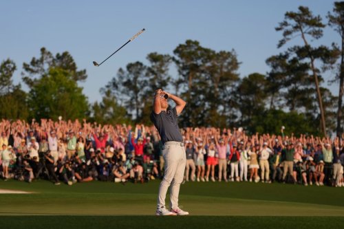 Rory McIlroy, of Northern Ireland, reacts after winning in a playoff against Justin Rose after the final round at the Masters golf tournament, April 13, 2025, in Augusta, Ga. (AP Photo/Matt Slocum, File)
