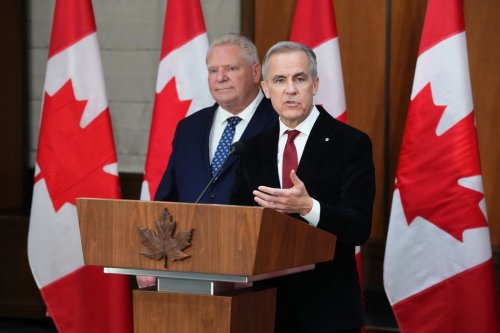 Prime Minister Mark Carney, right, and Ontario Premier Doug Ford hold a press conference in Ottawa on Thursday, Dec. 18, 2025. THE CANADIAN PRESS/Sean Kilpatrick
