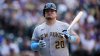 FILE - Milwaukee Brewers first baseman Daniel Vogelbach plays in the ninth inning of a baseball game June 20, 2021, in Denver. (AP Photo/David Zalubowski, File)