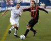 FILE - New England Revolution midfielder Daniel Hernandez, left, and New York/New Jersey MetroStars midfielder Michael Bradley battle for control of the ball during the second half Oct. 22, 2005, at Giants Stadium in East Rutherford, N.J. (AP Photo/Bill Kostroun, File)