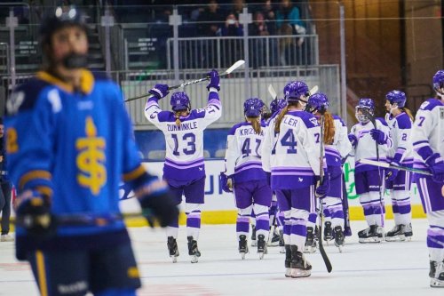 The Minnesota Frost celebrate their win against the Toronto Sceptres in PWHL hockey action in Toronto, on Tuesday, Dec. 30, 2025. THE CANADIAN PRESS/Sammy Kogan