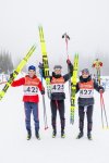 First place finisher Maximillian Hollmann, centre, poses for a photo with second place Remi Drolet, left, and third place finisher Tom Stephen following the 10km interval start free race at the Nordiq Canada 2026 Olympic Winter Games cross-country skiing trials, in Vernon, B.C., in a Dec. 15, 2025, handout photo. THE CANADIAN PRESS/Handout - Nordiq Canada, Vanessa Garrison (Mandatory Credit)