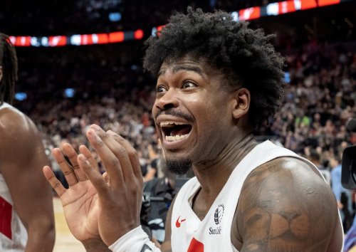 Toronto Raptors guard Jamal Shead celebrates after the Raptors defeated the Orlando Magic in NBA action in Toronto on Monday December 29, 2025. THE CANADIAN PRESS/Frank Gunn