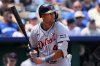 FILE - Detroit Tigers' Justyn-Henry Malloy at bat against the Kansas City Royals during the fifth inning of a baseball game in Kansas City, Mo., Sunday, June 1, 2025. (AP Photo/Reed Hoffmann, File)