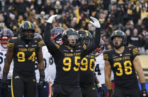 Hamilton Tiger-Cats defensive lineman Julian Howsare (95) tries to get the crowd going during first half CFL East Final football action against the Montreal Alouettes, in Hamilton on Saturday, Nov. 8, 2025. The Ticats earned top marks in the CFL Players' Association's second annual team report cards. THE CANADIAN PRESS/Peter Power