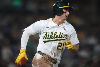 FILE - Athletics' Tyler Soderstrom sprints towards first after hitting an RBI double during the fifth inning of a baseball game against the Houston Astros, Sept. 23, 2025, in West Sacramento, Calif. (AP Photo/Scott Marshall, File)