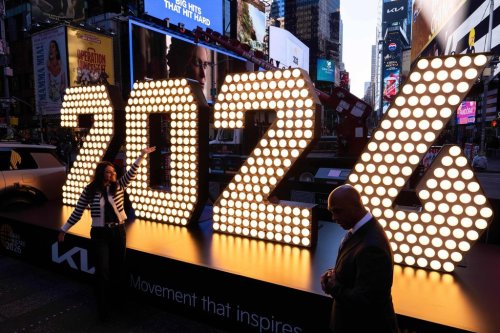 The seven-foot-tall 2026 numerals are displayed at an illumination ceremony in Times Square, Thursday, Dec. 18, 2025, in New York. (AP Photo/Adam Gray)
