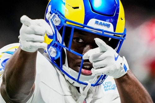Los Angeles Rams wide receiver Xavier Smith (19) celebrates a first down in the first half of an NFL football game against the Atlanta Falcons, Monday, Dec. 29, 2025, in Atlanta. (AP Photo/Brynn Anderson)